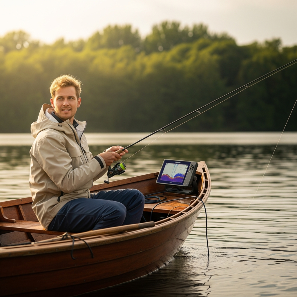 Angler on a boat with fish finder.