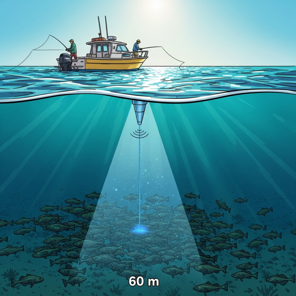 This image shows the fish finder's sonar beam spreading out in a cone shape below the boat to detect a school of cod on the bottom.