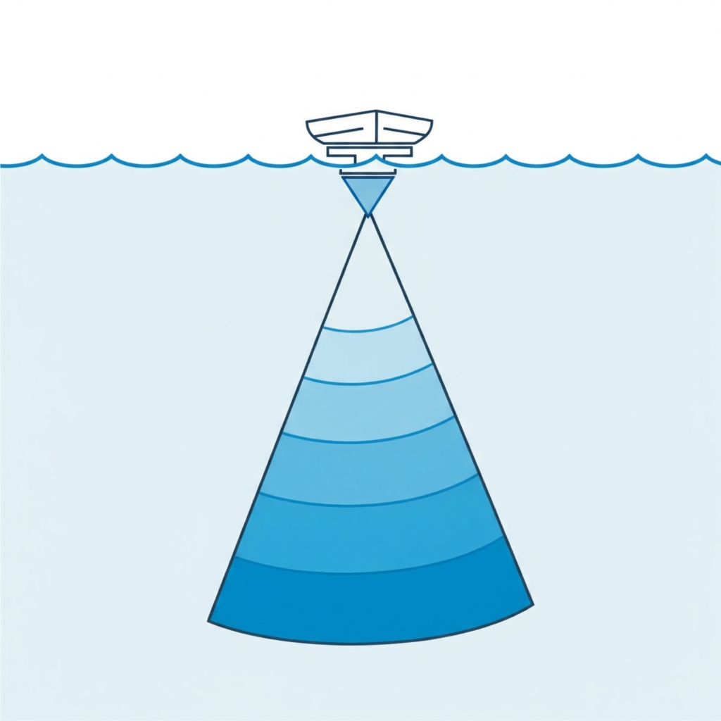 The picture shows how a fish finder's sonar beams spread out in a cone shape beneath a boat.