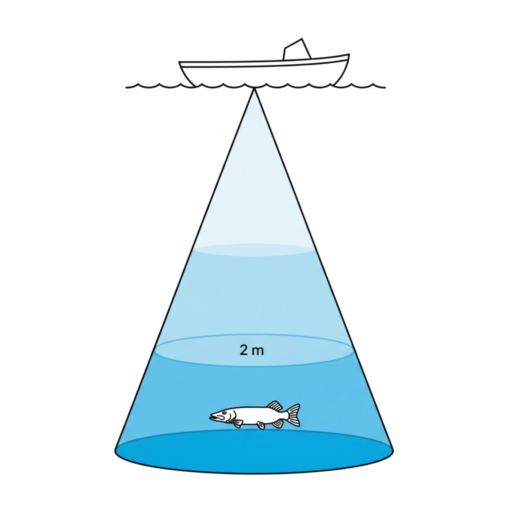 This image shows the fish finder's sonar beam spreading out in a cone shape below the boat to detect a pike.