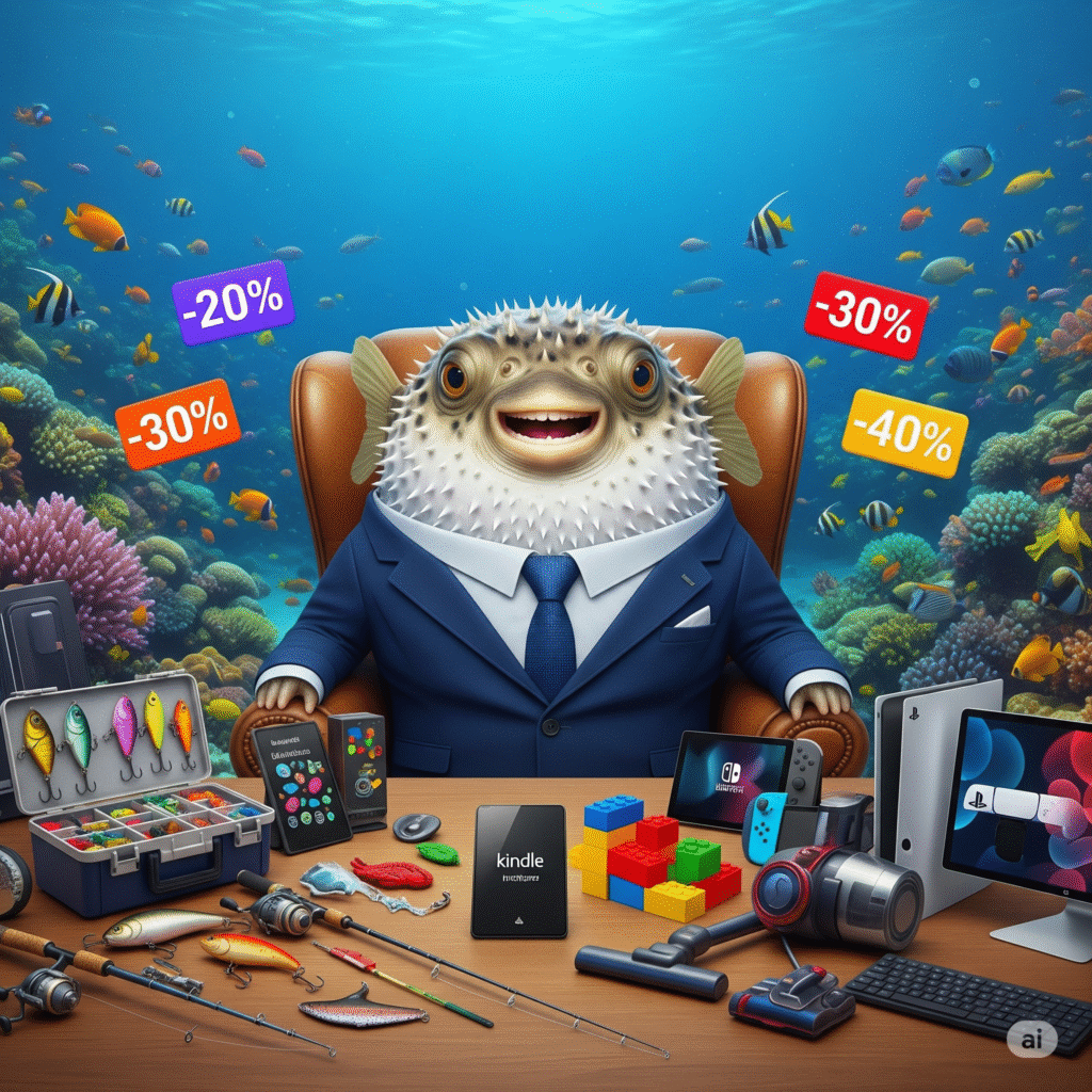 Funny puffer fish in a suit, sitting in front of a table with tech products and fishing tackle