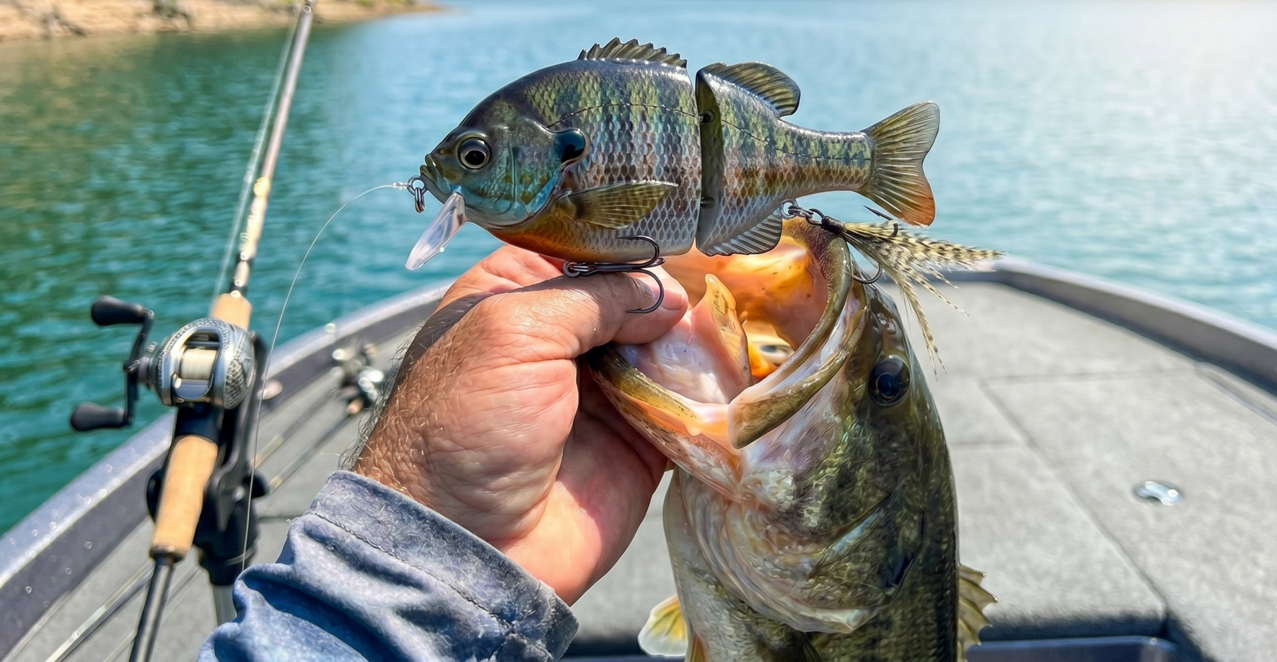 Close up of a large mouth bass caught on a bluegill glides bait or swimbait from a fishing boat during summer