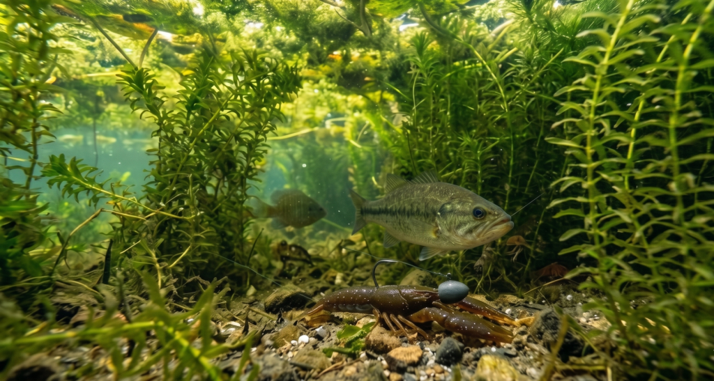 A largemouth bass positioned near the lake bottom looking intently at a specialized compact crawfish creature bait with a large tungsten weight pegged just in front of it