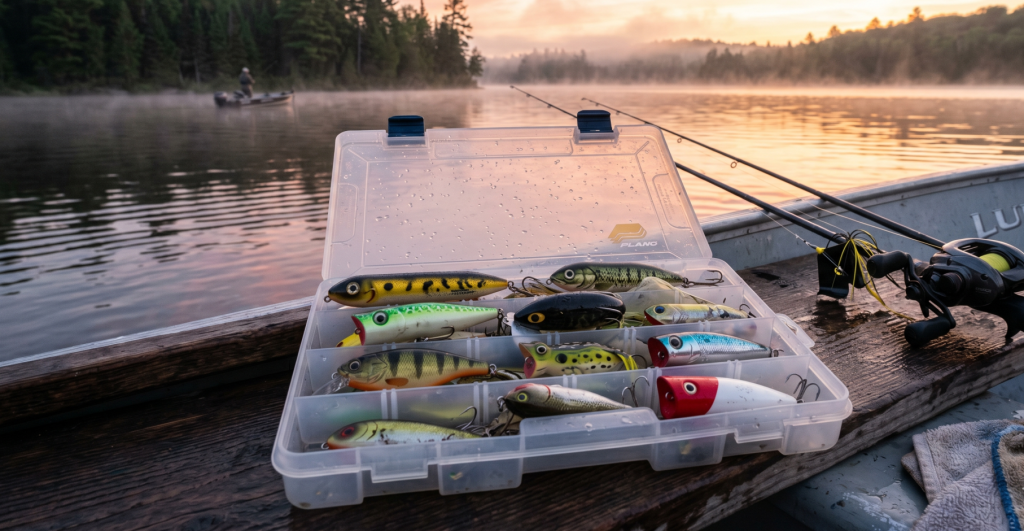 A plastic tackle box filled with topwater bass fishing lures including poppers and frogs, sitting on the gunwale of a Lund boat on a misty lake at sunrise during dawn patrol.