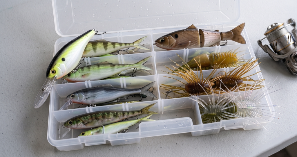 An open clear plastic tackle box on a plain light grey table holding a massive deep diving crankbait with a large bill and a multi jointed soft body swimbait glide bait