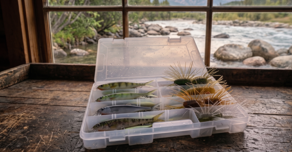 An open clear plastic tackle box resting on a rustic wooden table containing slender finesse minnow lures with pin tails and soft urchin style baits with long thin tentacles in front of a window looking out at a rocky river canyon