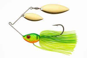 Bass fishing spinnerbait with double gold willow-leaf blades and chartreuse firetiger skirt