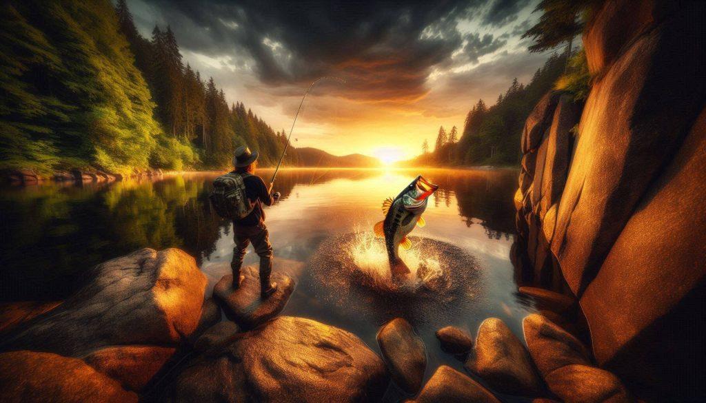 Angler on rocky shoreline fighting a jumping largemouth bass at golden hour