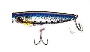 How to Catch Bass: A Beginner's Complete Guide 6 Topwater popper in blue and silver shad pattern with two treble hooks