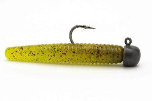 Ned rig with dark mushroom jighead and chartreuse green pumpkin ribbed soft plastic worm