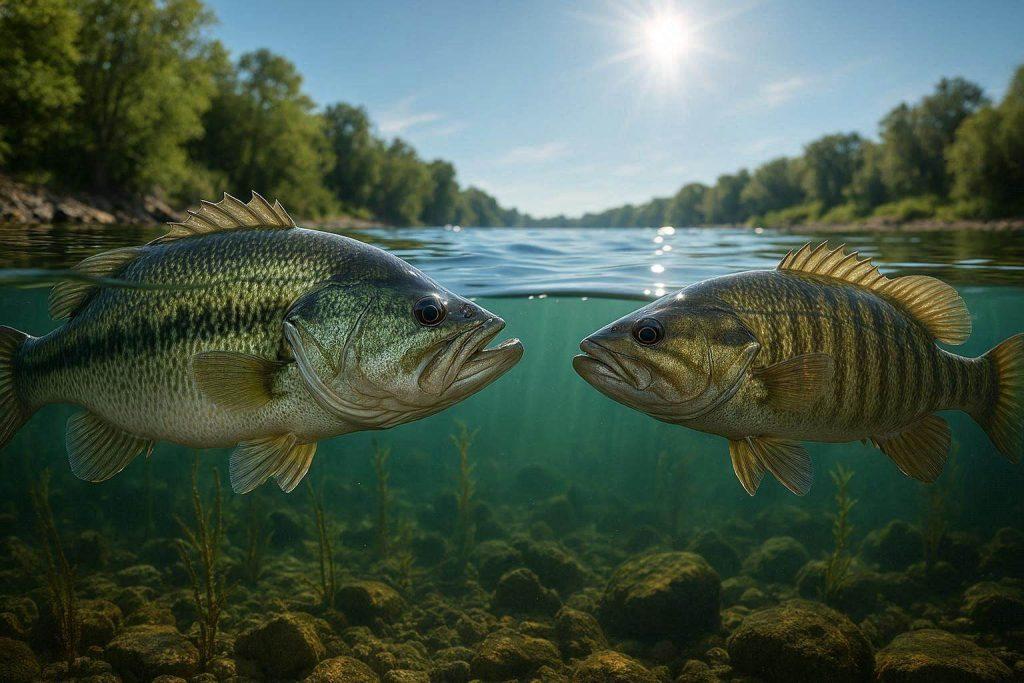 Largemouth bass and smallmouth bass face to face in an underwater comparison